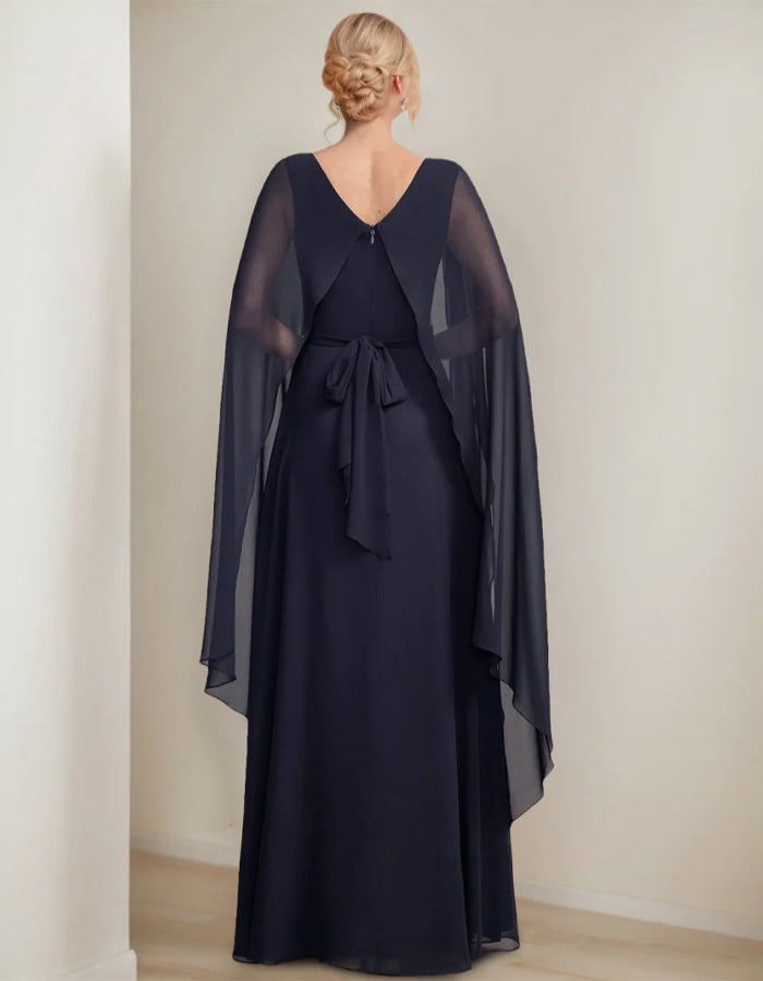 Navy Blue Chiffon Cape Maxi Dress