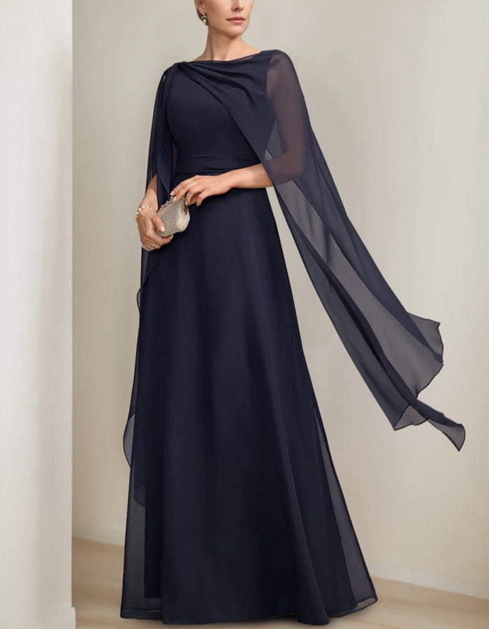 Navy Blue Chiffon Cape Maxi Dress