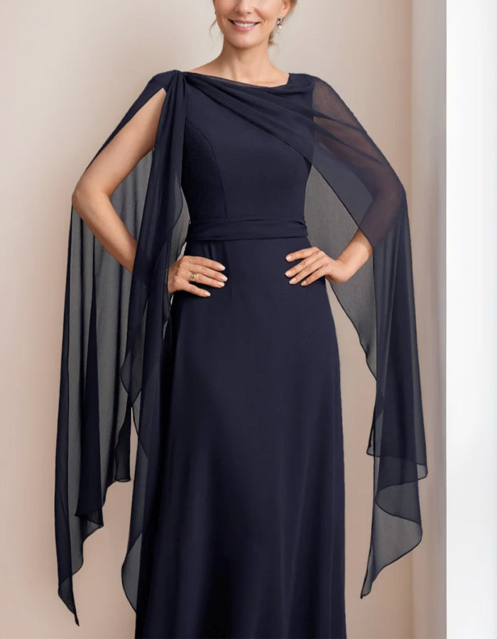 Navy Blue Chiffon Cape Maxi Dress