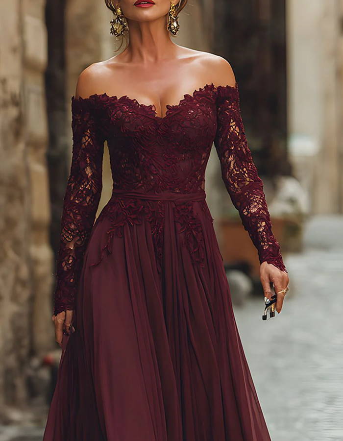 Abito lungo in chiffon con spalle scoperte e pizzo