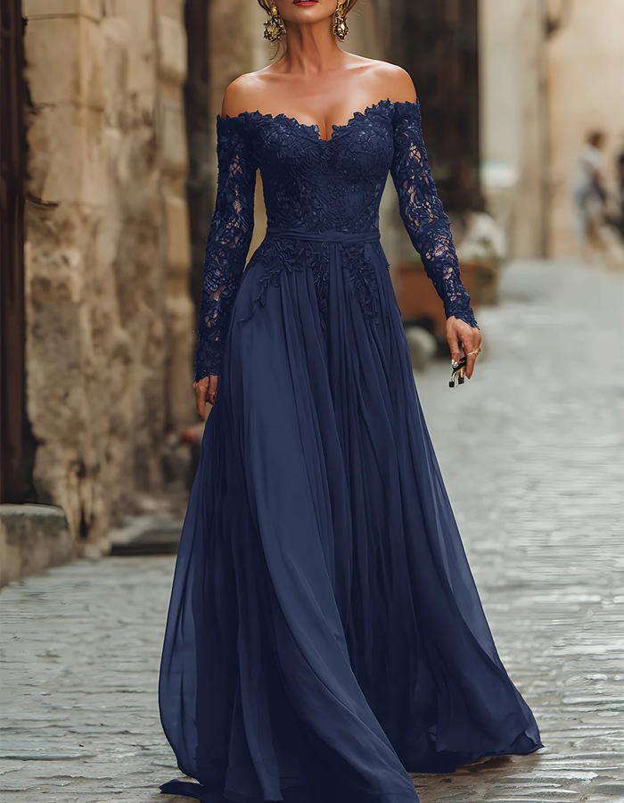 Rochie maxi din șifon cu dantelă și umeri goi