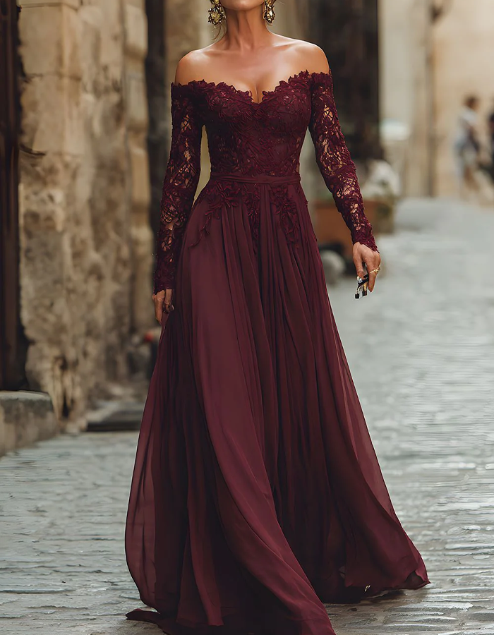 Rochie maxi din șifon cu dantelă și umeri goi