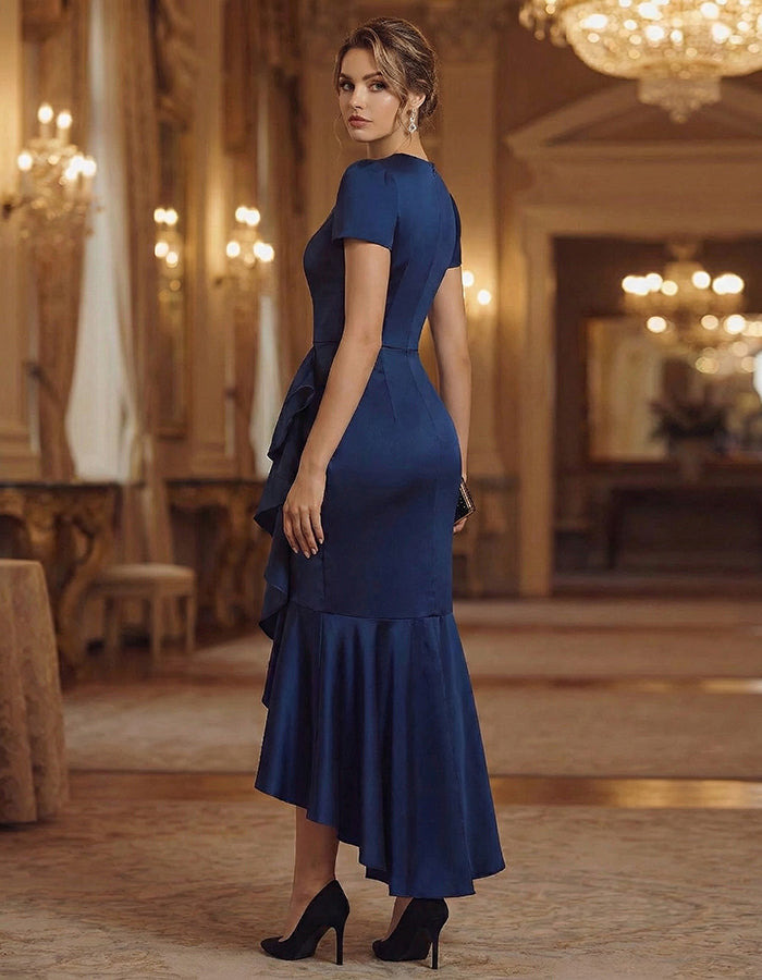 Rochie midi cu coadă de pește și volane, culoare solidă, din satin