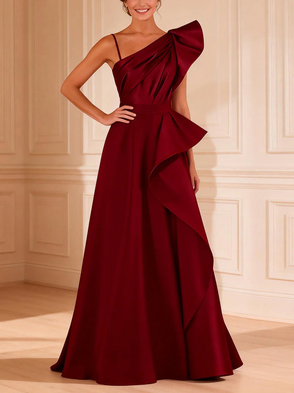 Maxikleid aus burgunderrotem Satin mit One-Shoulder-Schnitt und großer Schleife