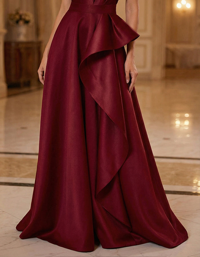 Burgundy Satin One-Shoulder Large Bow Maxi Dress