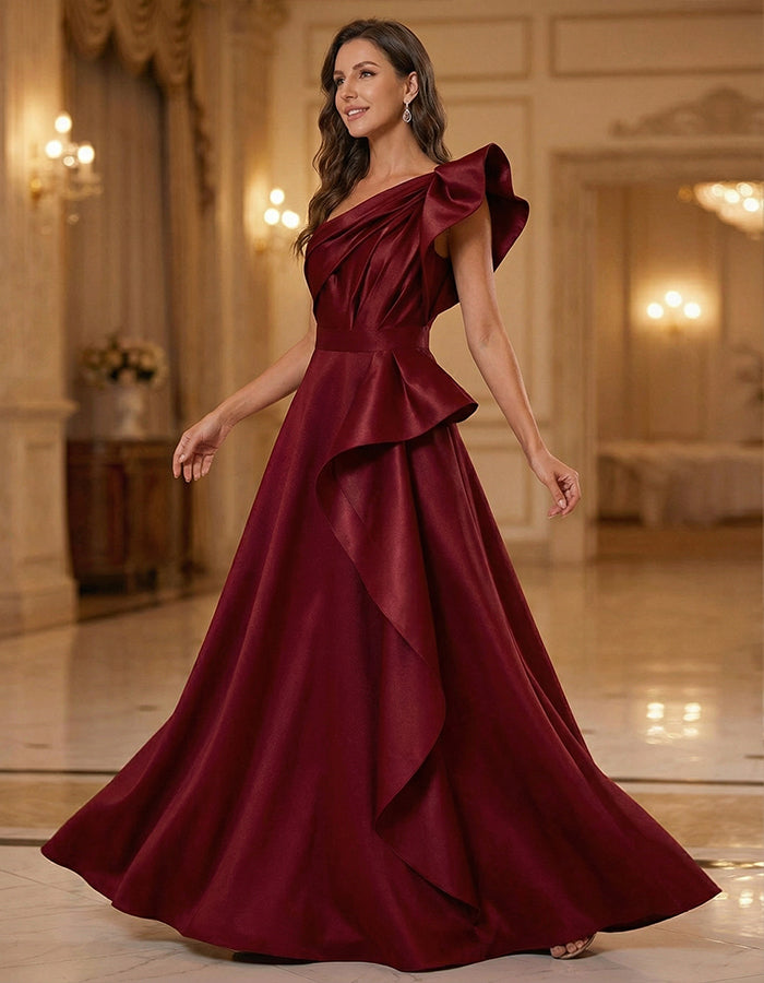 Burgundy Satin One-Shoulder Large Bow Maxi Dress