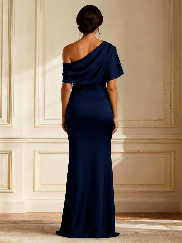 Navy Blue Satin Off-Shoulder Slit Maxi Dress