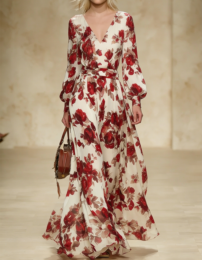 Rochie maxi crem cu trandafir burgundia