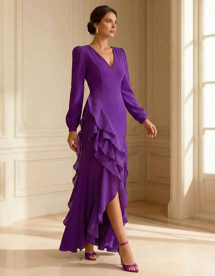 Rochie maxi cu volane, din chiffon mov închis