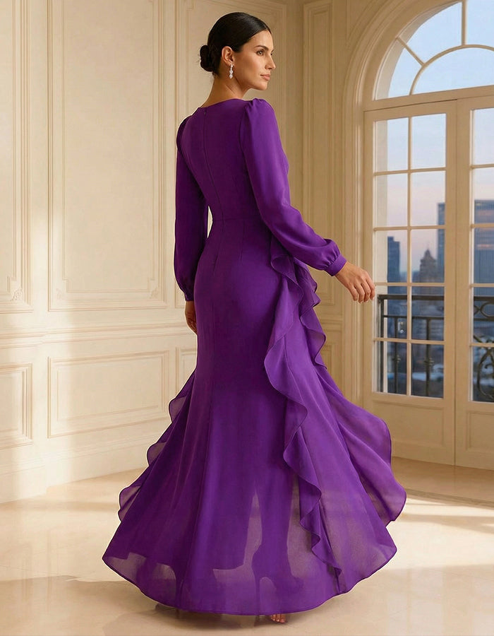 Rochie maxi cu volane, din chiffon mov închis