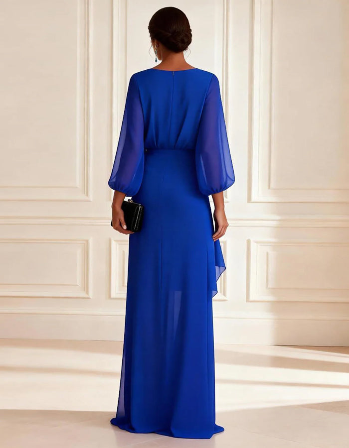 Maxikleid aus königsblauem Chiffon mit V-Ausschnitt