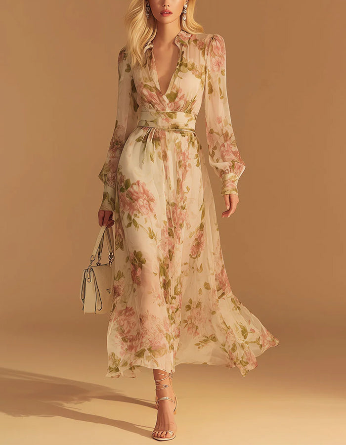 Vestido maxi de tul blanco con estampado floral rosa y escote en V profundo
