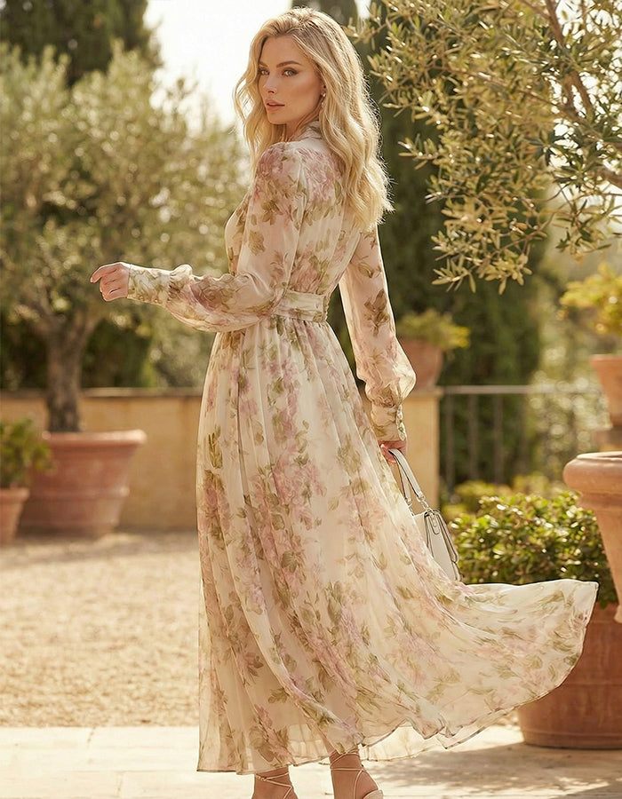 Maxikleid aus rosa Chiffon mit Blumenmuster, weißem Tüll und tiefem V-Ausschnitt