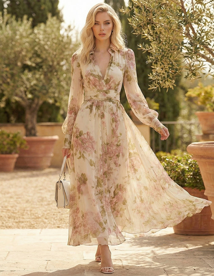 Maxikleid aus rosa Chiffon mit Blumenmuster, weißem Tüll und tiefem V-Ausschnitt