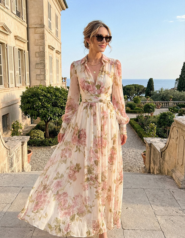 Maxikleid aus rosa Chiffon mit Blumenmuster, weißem Tüll und tiefem V-Ausschnitt