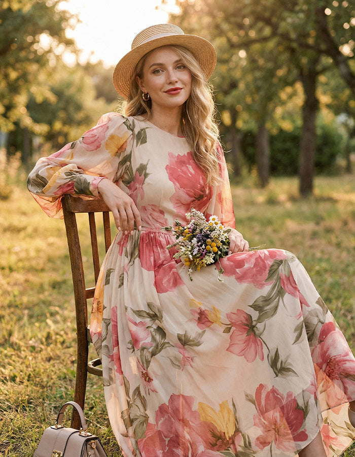 Rochie maxi cu mâneci bufante, din chiffon roz cu imprimeu floral