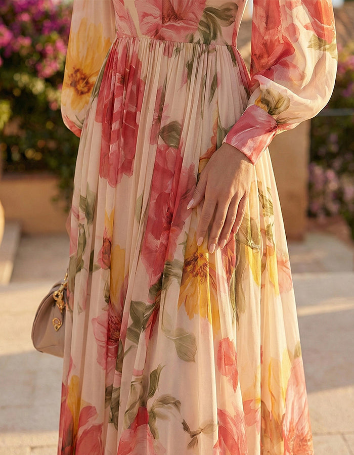 Rochie maxi cu mâneci bufante, din chiffon roz cu imprimeu floral