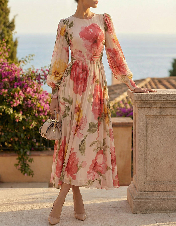 Rochie maxi cu mâneci bufante, din chiffon roz cu imprimeu floral