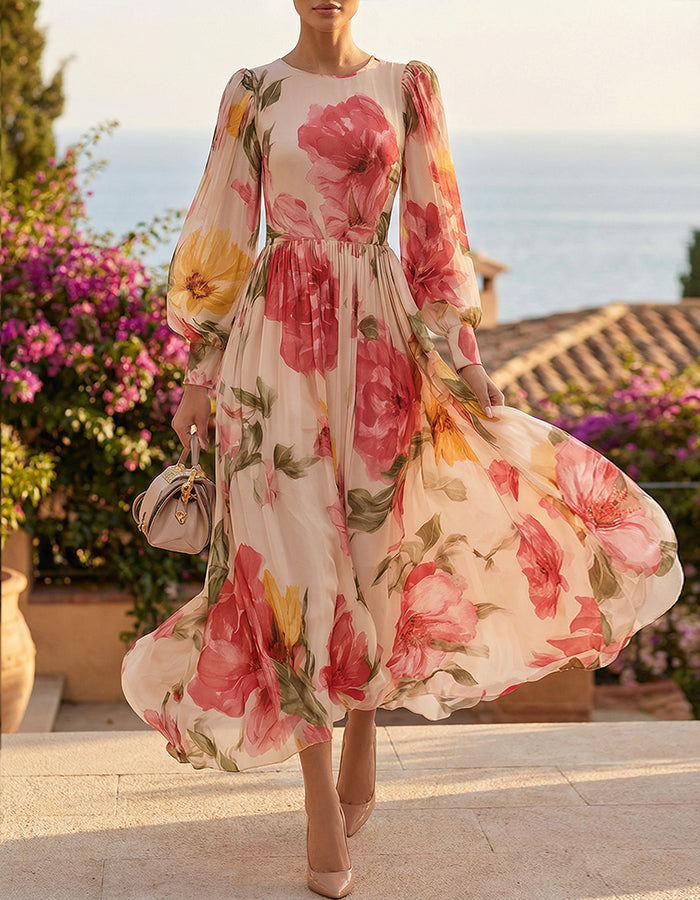 Robe maxi en chiffon rose à fleurs avec manches bouffantes