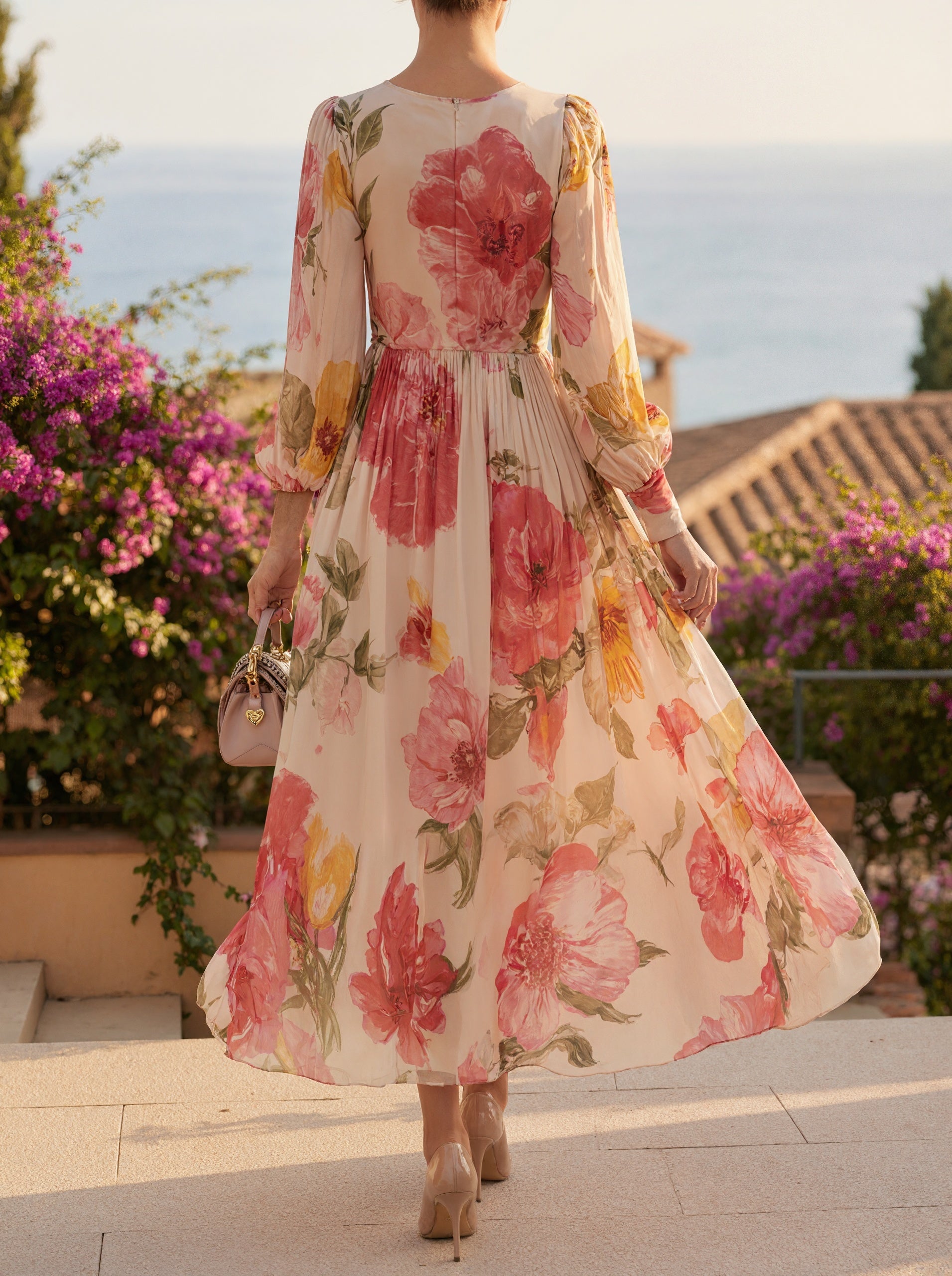 Rochie maxi cu mâneci bufante, din chiffon roz cu imprimeu floral