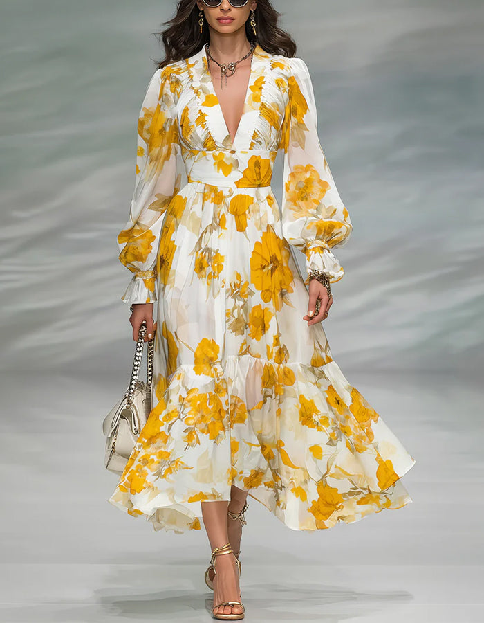 Vestido maxi de chiffon amarillo y blanco con estampado floral y escote en V profundo
