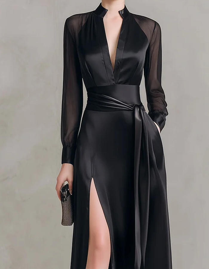 Abito lungo in tulle nero satinato con spacco alto
