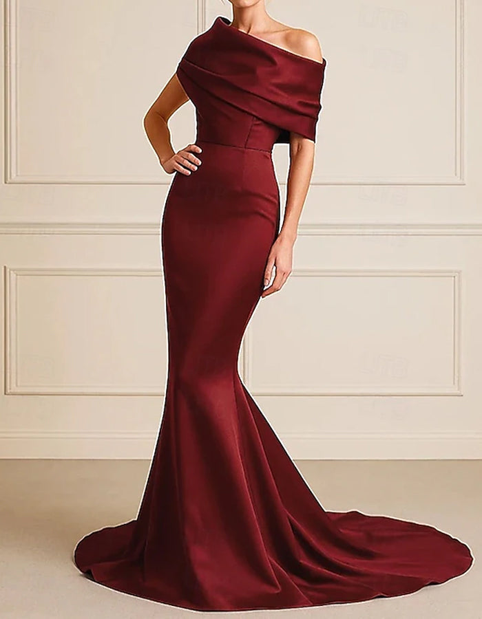 Vestido maxi de cola de pez con hombros descubiertos de satén rojo vino