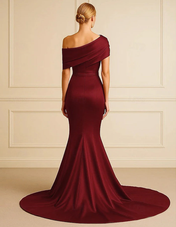 Vestido maxi de cola de pez con hombros descubiertos de satén rojo vino