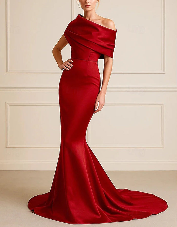 Vestido maxi de cola de pez con hombros descubiertos de satén rojo vino