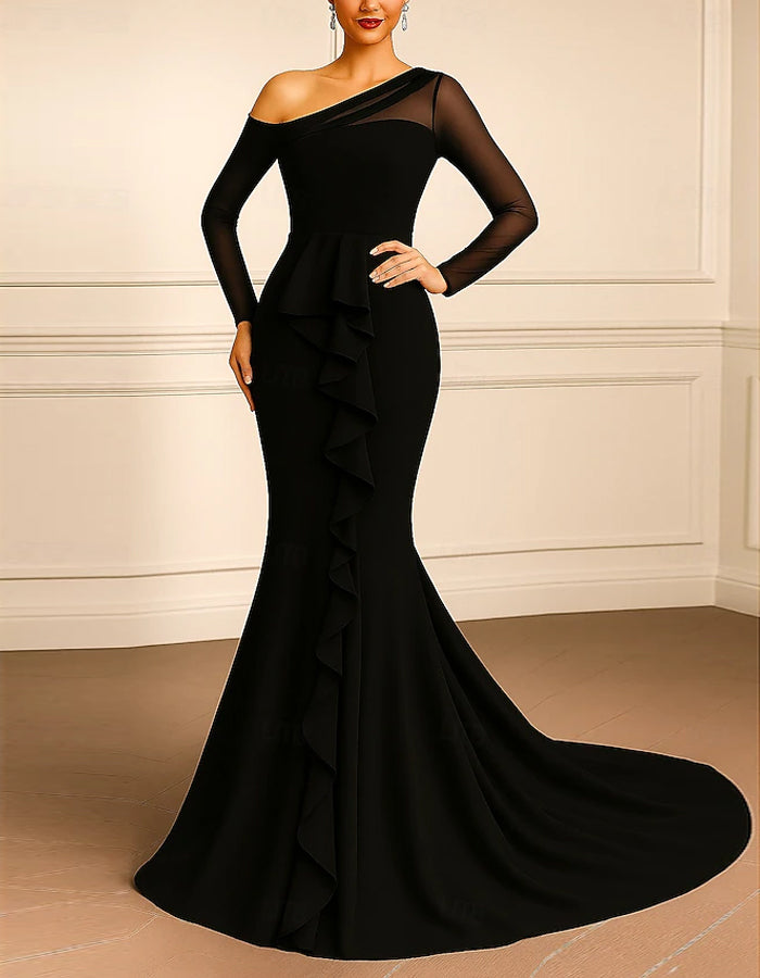 Maxikleid mit einfarbigem Mesh-Patchwork und One-Shoulder-Schnitt im Fischschwanz-Stil
