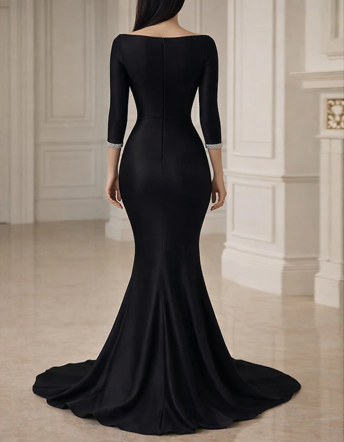 Vestido Maxi Preto em Cetim com Cauda de Peixe
