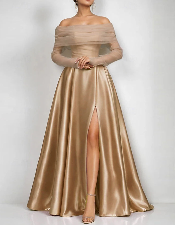 Maxikleid aus einfarbigem Satin, schulterfrei mit Mesh-Einsätzen
