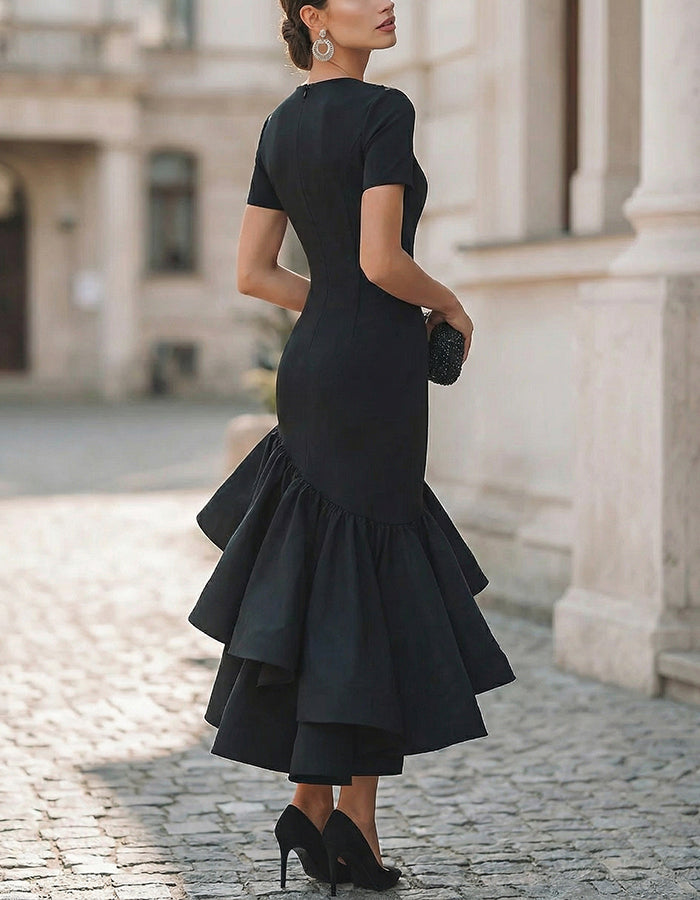 Black Ruffled Fishtail Midi Dress