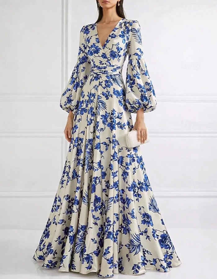 Vestido Maxi Branco em Cetim com Estampa e Mangas Lanterna