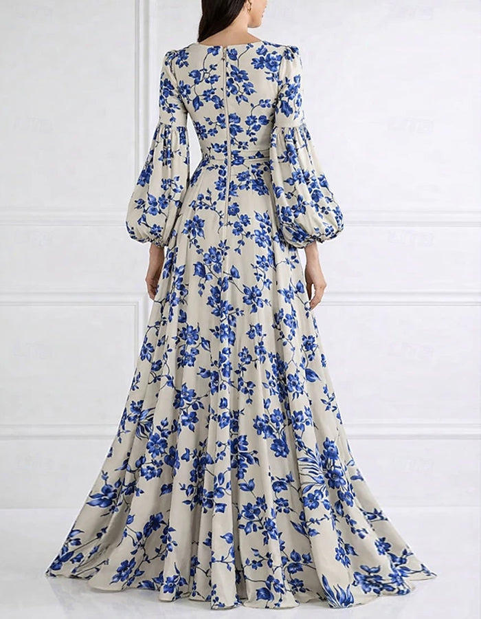 Vestido Maxi Branco em Cetim com Estampa e Mangas Lanterna