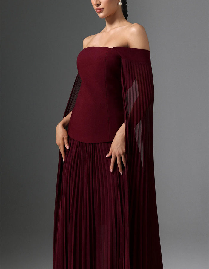 Burgundy Off Shoulder Cape With Chiffon Pleats Maxi Dress