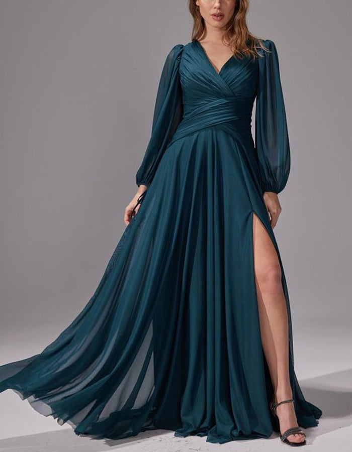 Aqua chiffon getailleerde taille split maxi-jurk