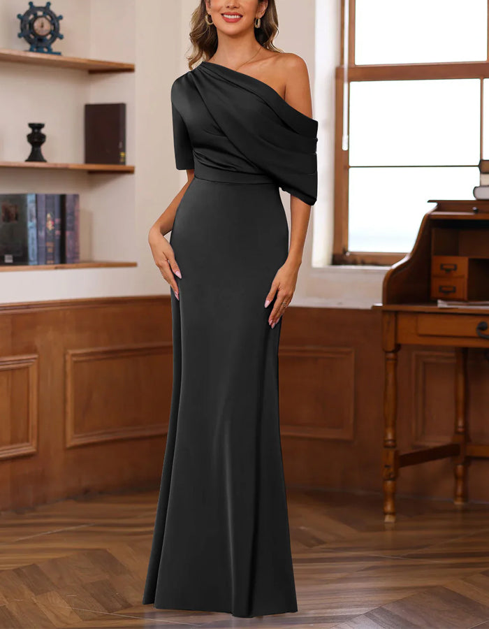 Robe maxi queue de poisson en satin couleur unie à une épaule