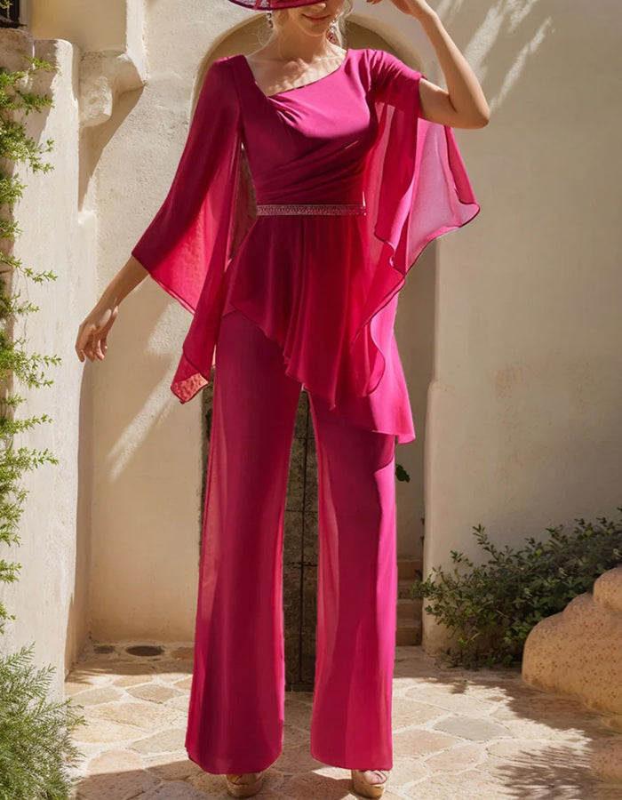 Mono rojo rosa de gasa con chal y pierna ancha