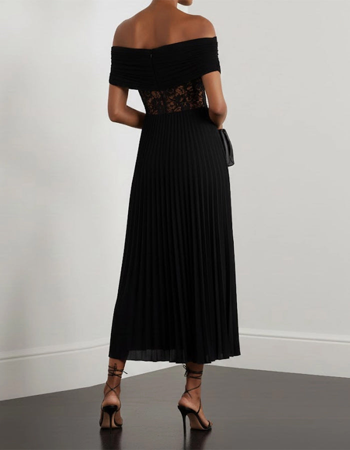 Vestido Midi Preto com Ombros Descobertos, Renda, Chiffon e Pregas