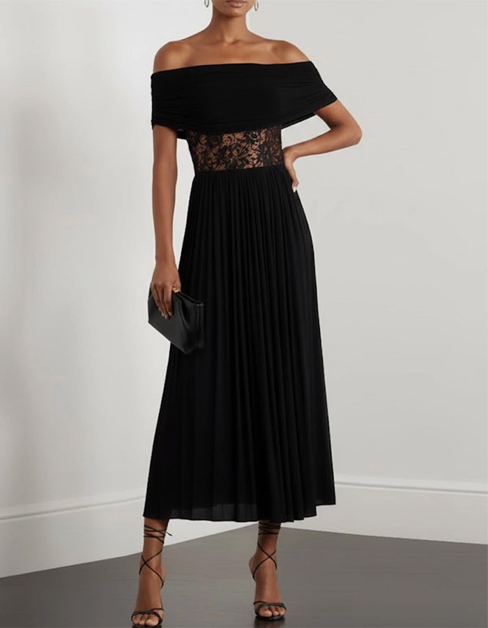 Black Off Shoulder Lace Chiffon Pleats Midi Dress