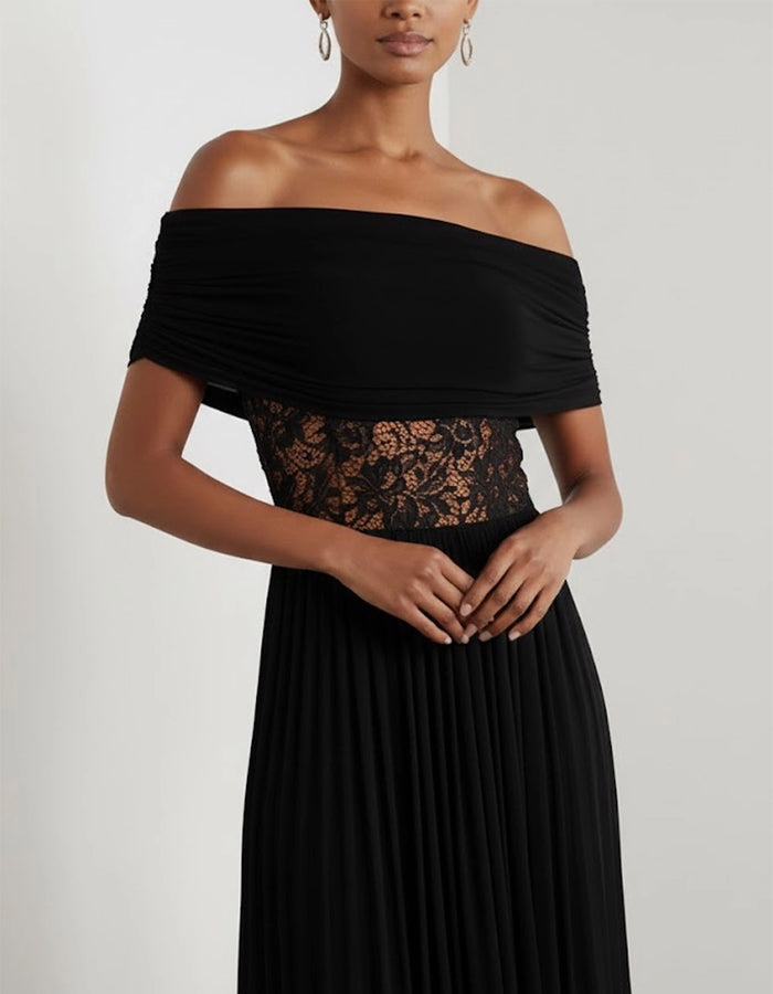 Vestido Midi Preto com Ombros Descobertos, Renda, Chiffon e Pregas