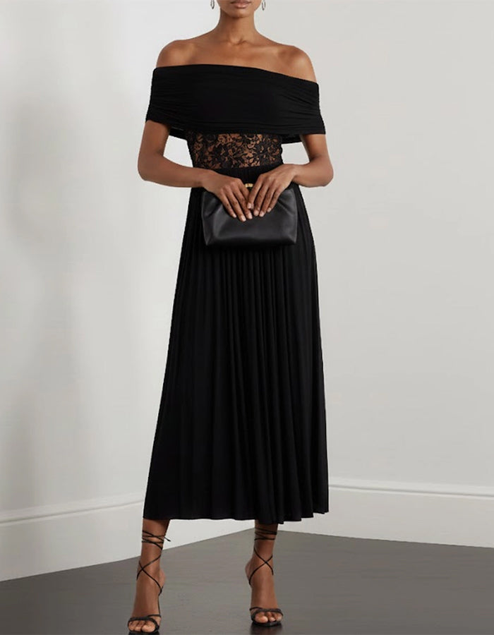 Vestido midi negro de encaje y gasa con pliegues y escote off shoulder