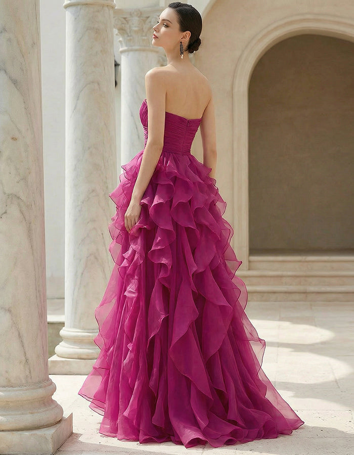 Rozenrode chiffon strapless gelaagde maxi-jurk