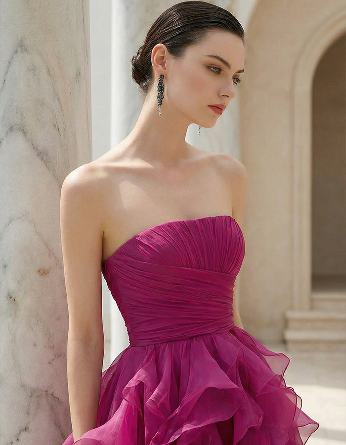 Rozenrode chiffon strapless gelaagde maxi-jurk