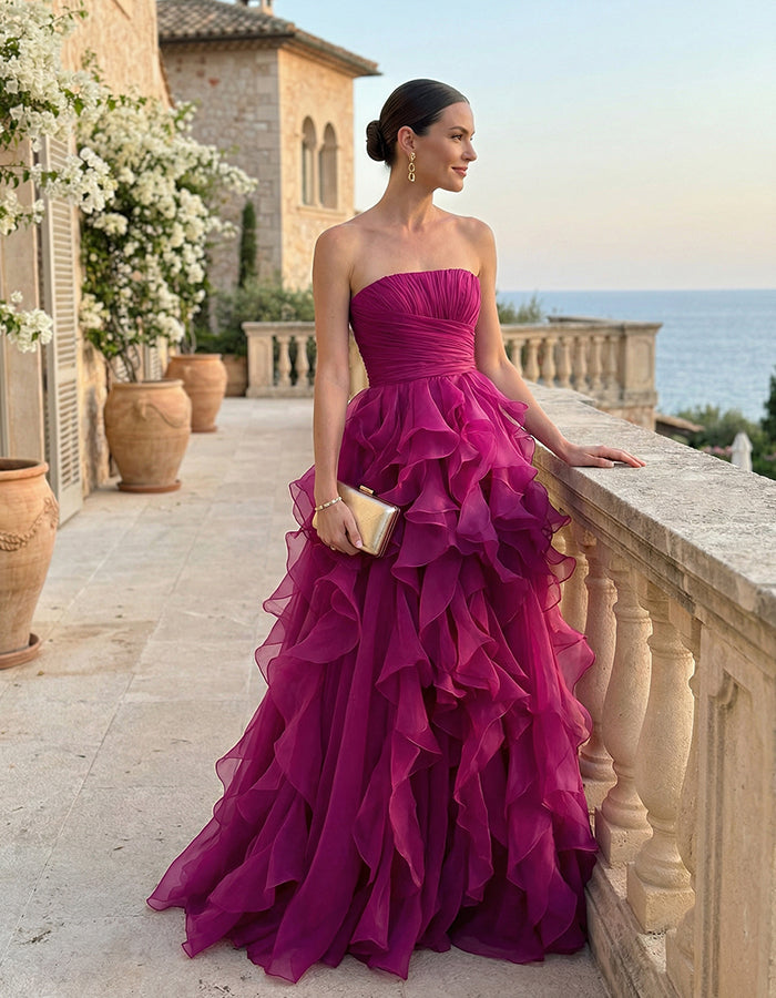 Rozenrode chiffon strapless gelaagde maxi-jurk