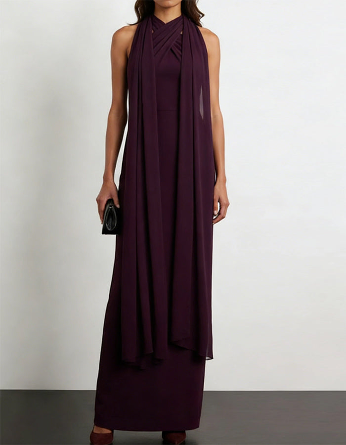 Vestido Maxi Borgonha em Chiffon com Gola Halter e Fita
