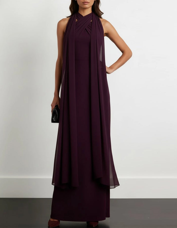 Abito lungo bordeaux in chiffon con collo all'americana e nastro