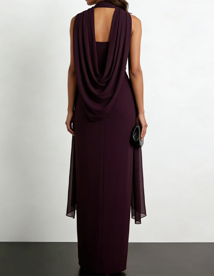 Abito lungo bordeaux in chiffon con collo all'americana e nastro