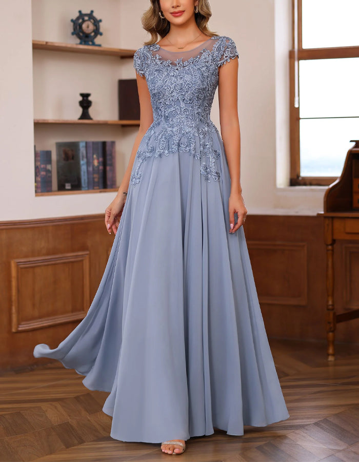 Vestido Maxi em Chiffon Cinzento Azulado com Renda em Patchwork